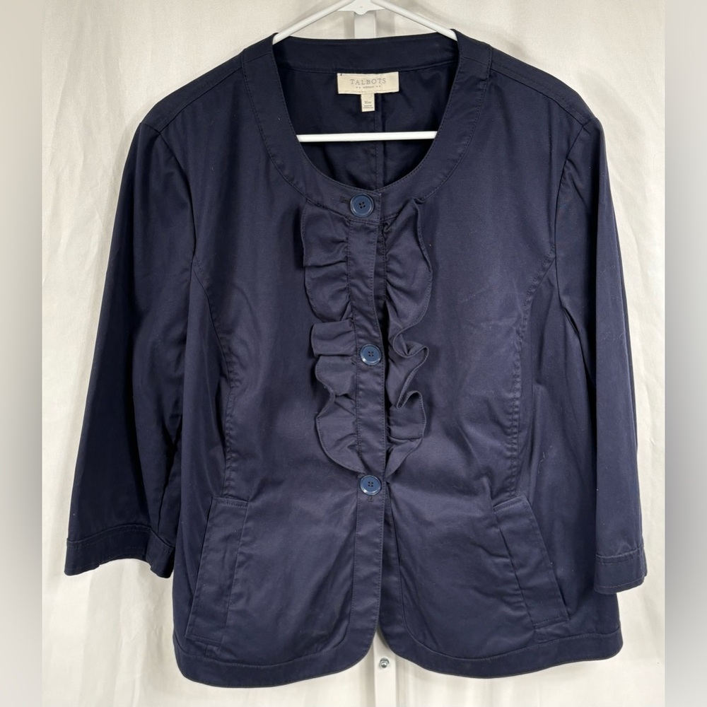 Talbots Women's Blue Ruffle Front 3/4 Sleeve Shacket, 16W